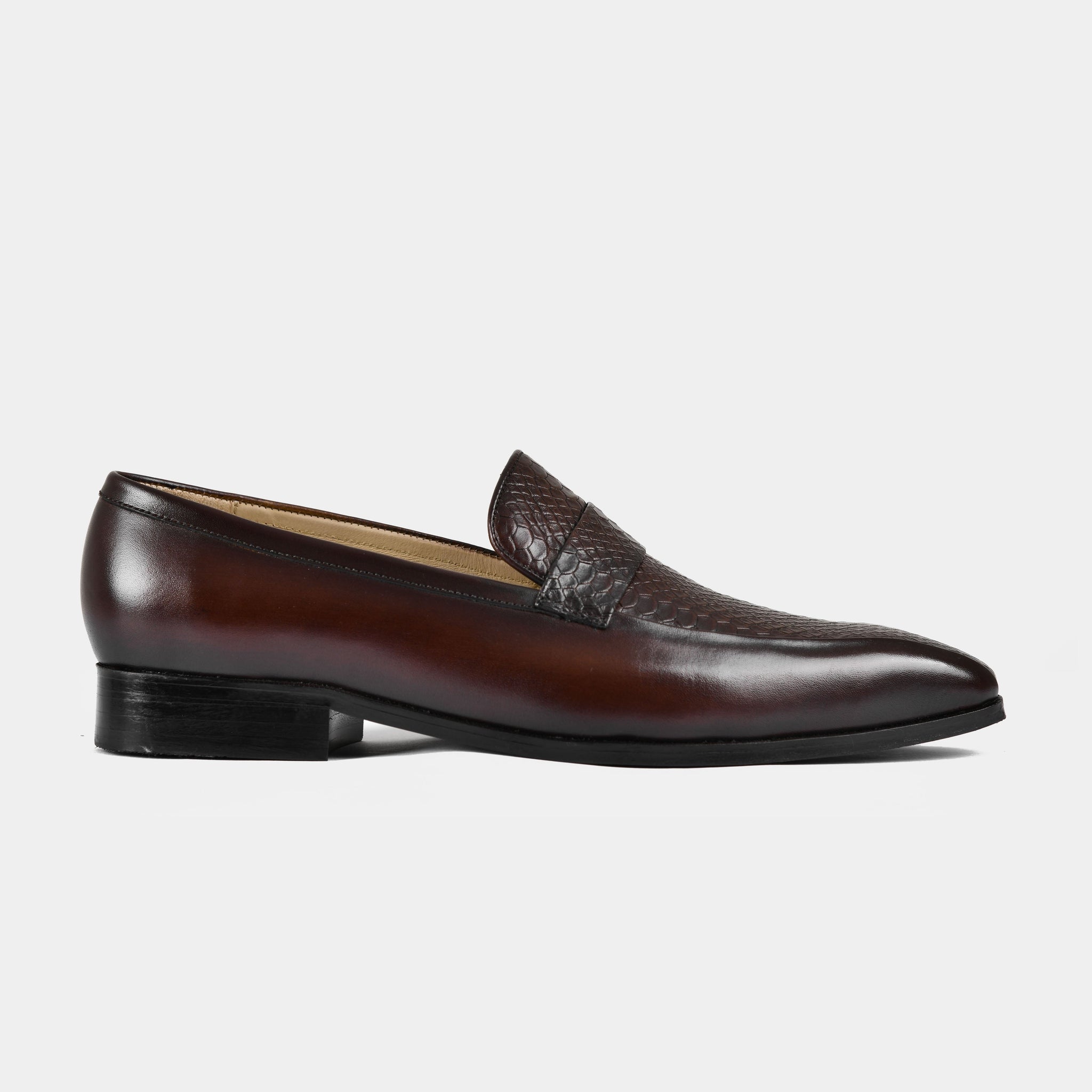 Side view of Jorge Brown Leather Loafers with a snakeskin detail on the vamp.