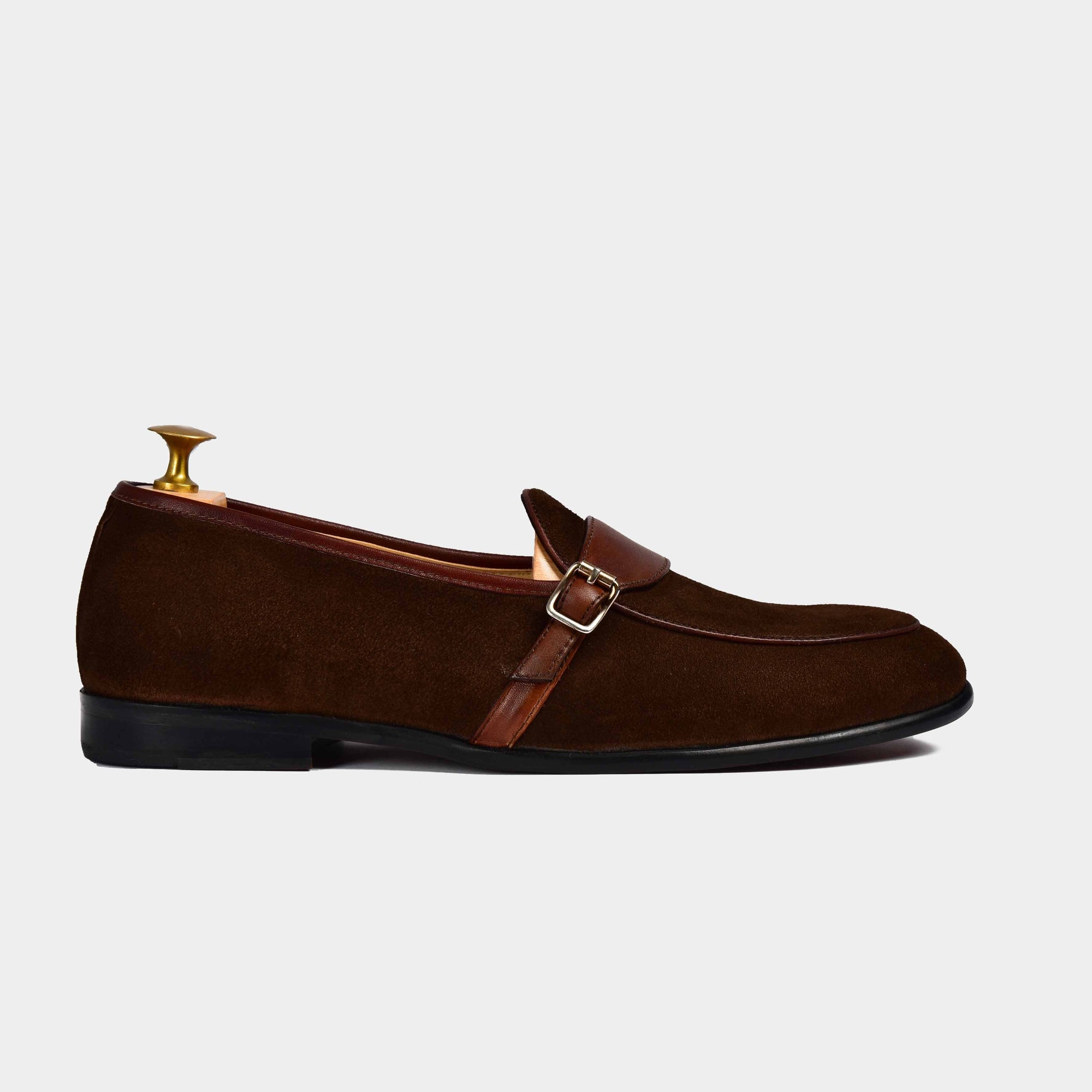 Pair of Arno Loafers in brown suede with a stylish leather buckle strap.