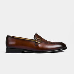 Arlow Brown Weaved Buckle Leather Loafers