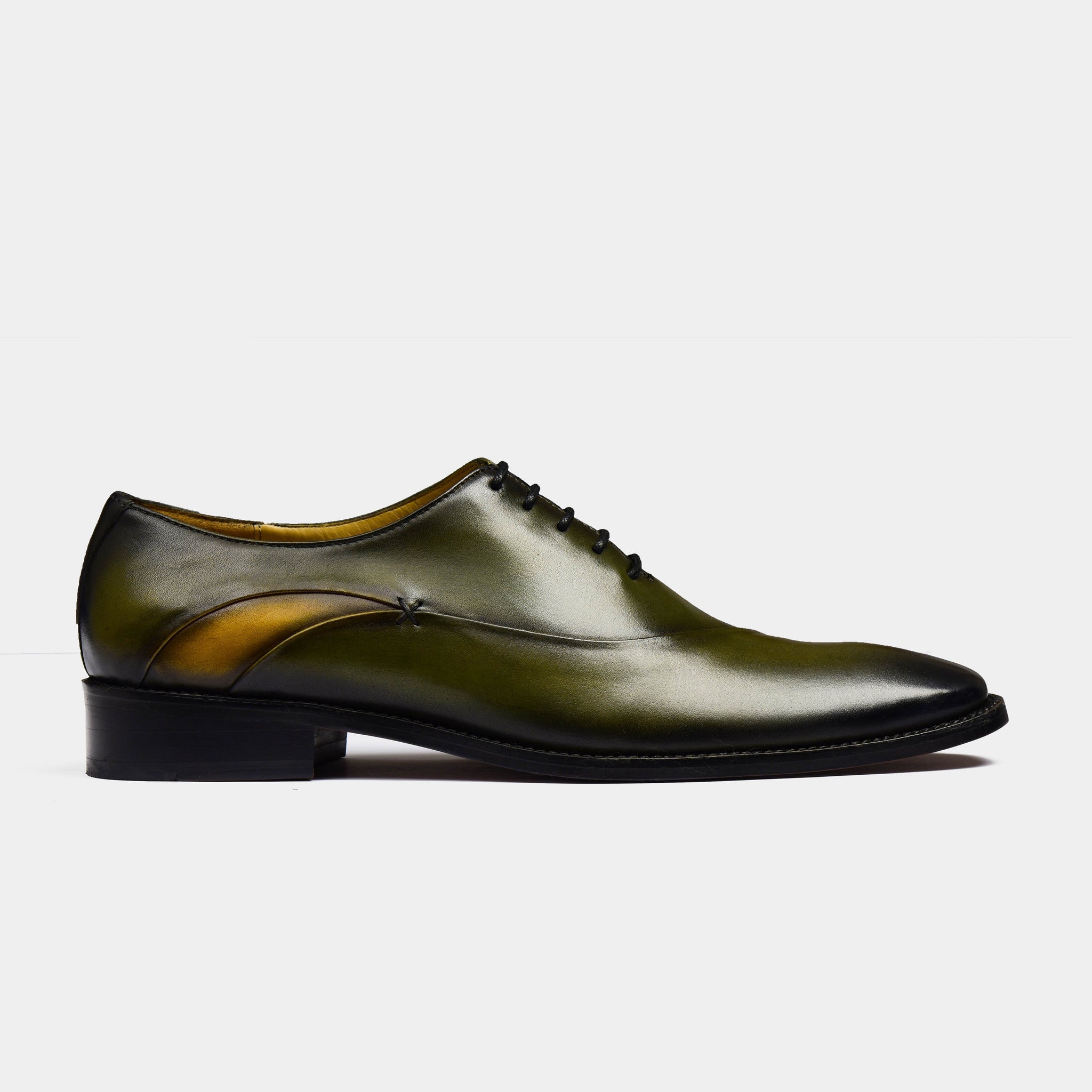 Pair of Jacob Green Laceup Leather Laceups in green leather with a side profile view.