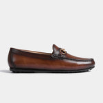 Side view of Maceo Cognac Leather Driving Loafers with a gold buckle accent.