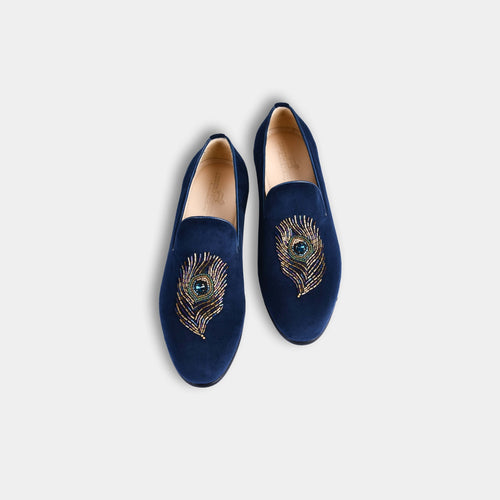 Artemio Blue Embroidered Leather Slip-Ons