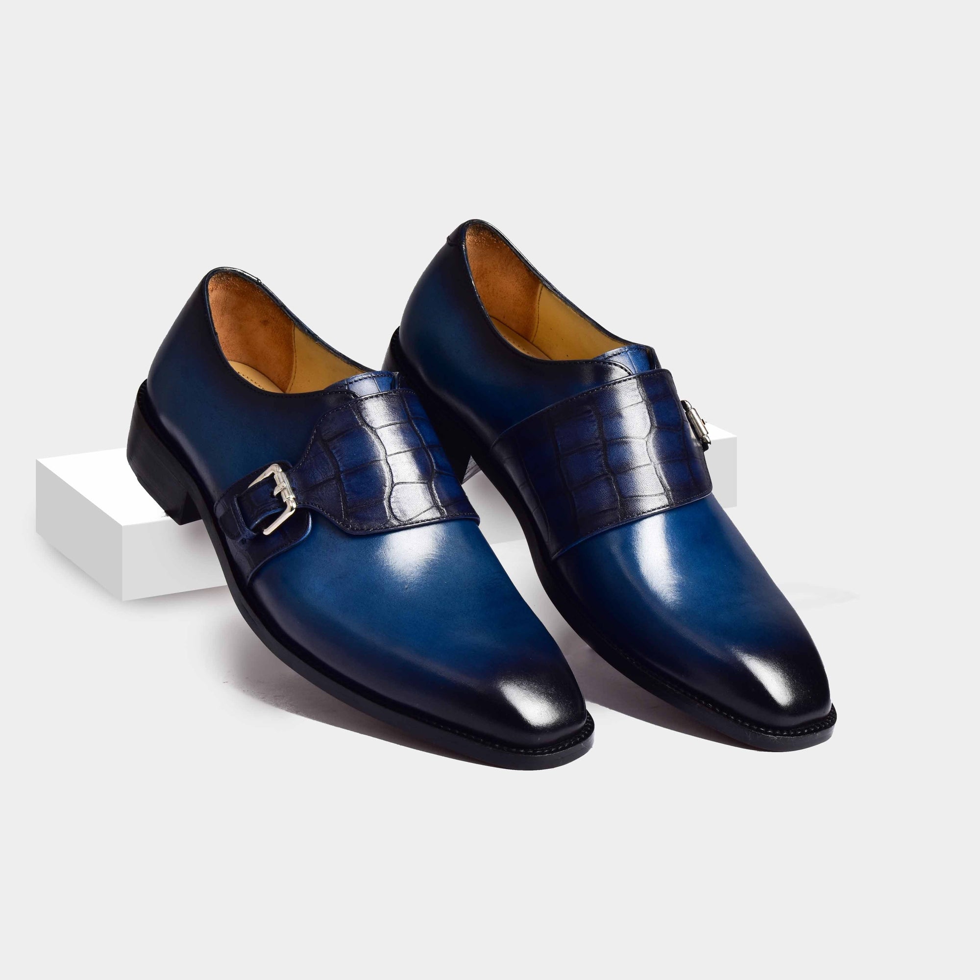 Pair of Henry Blue Single Monk Strap Leather Shoes with a crocodile-embossed strap and buckle detail.