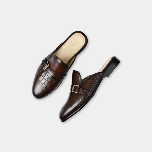 Brown Single Buckle Leather Mules