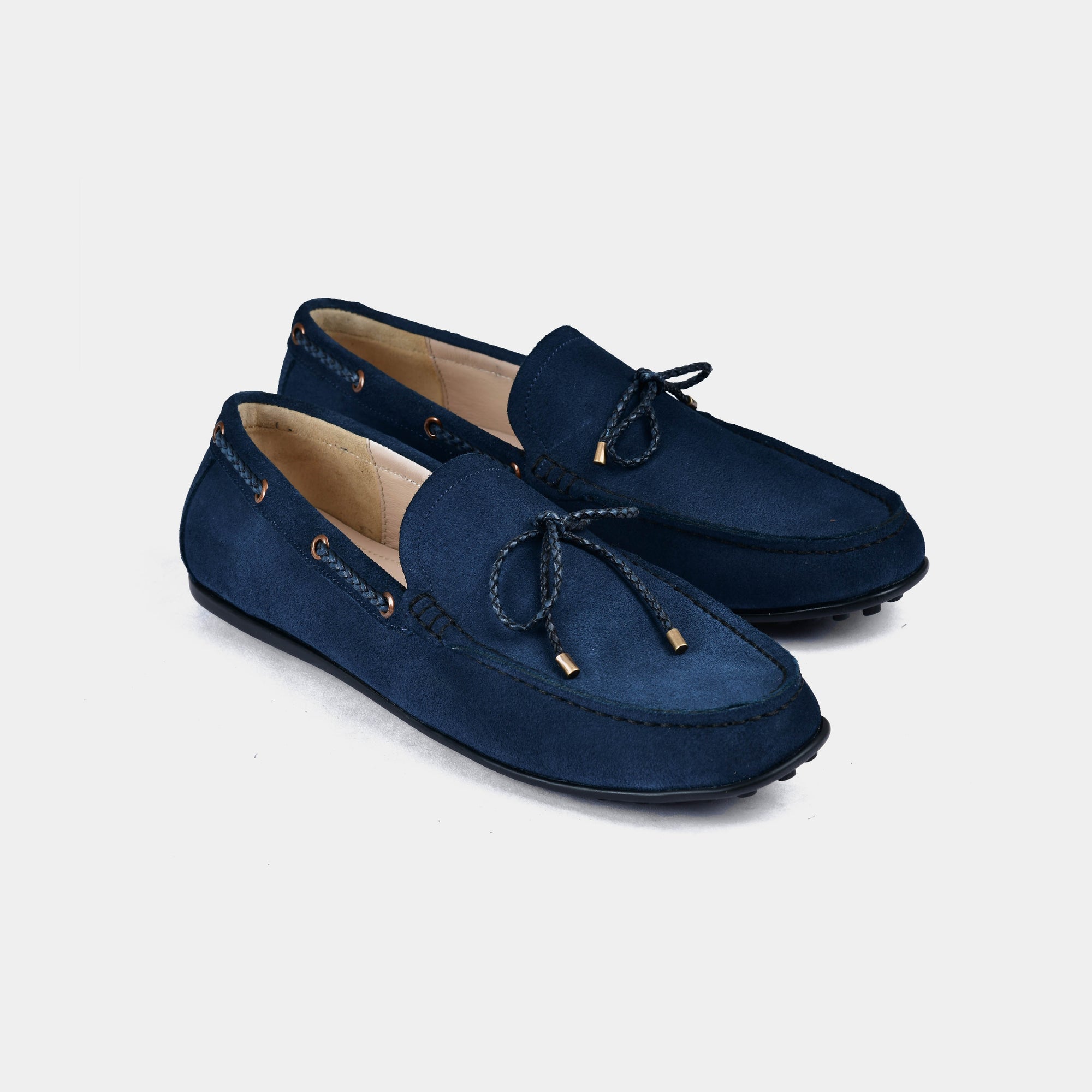 Pair of Julian Blue Suede Leather Driving Loafers with braided laces and metal tips.