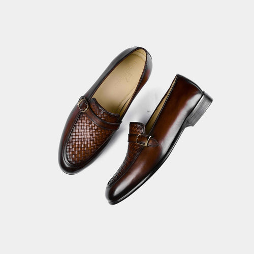 Arlow Brown Weaved Buckle Leather Loafers