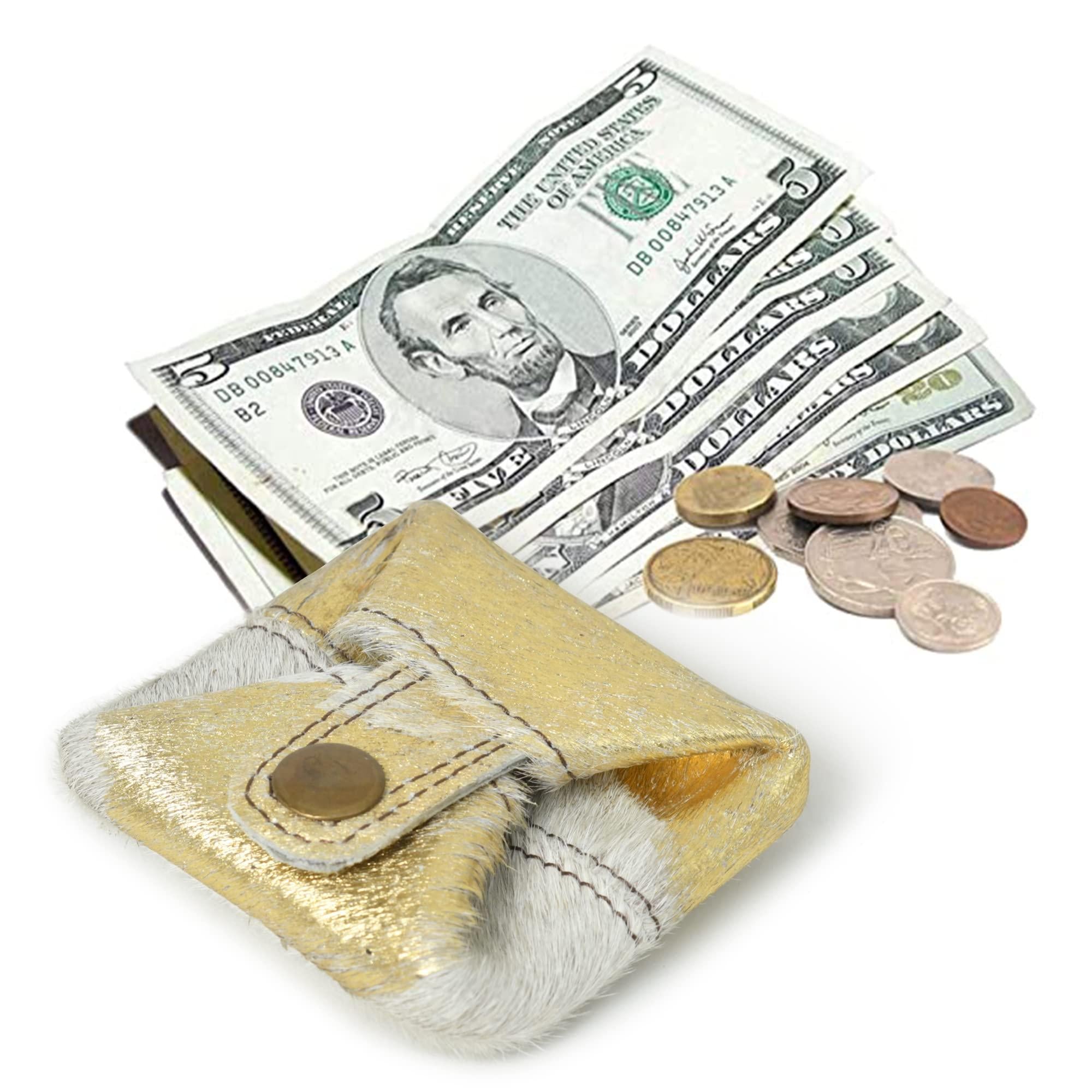 Stylish gold and white leather mini wallet with cash and coins, perfect for men and women.