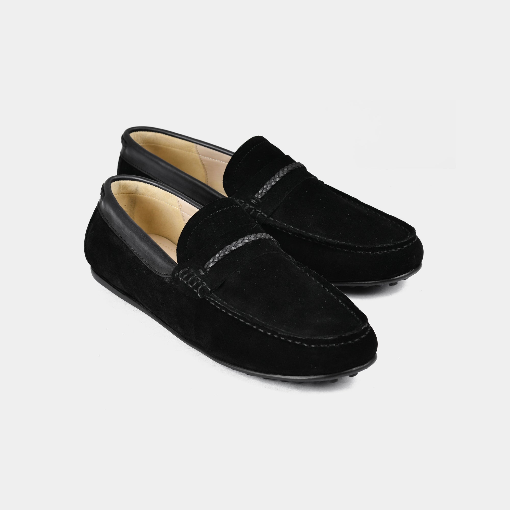 Pair of Nazario Black Suede Leather Driving Loafers with braided strap detail.