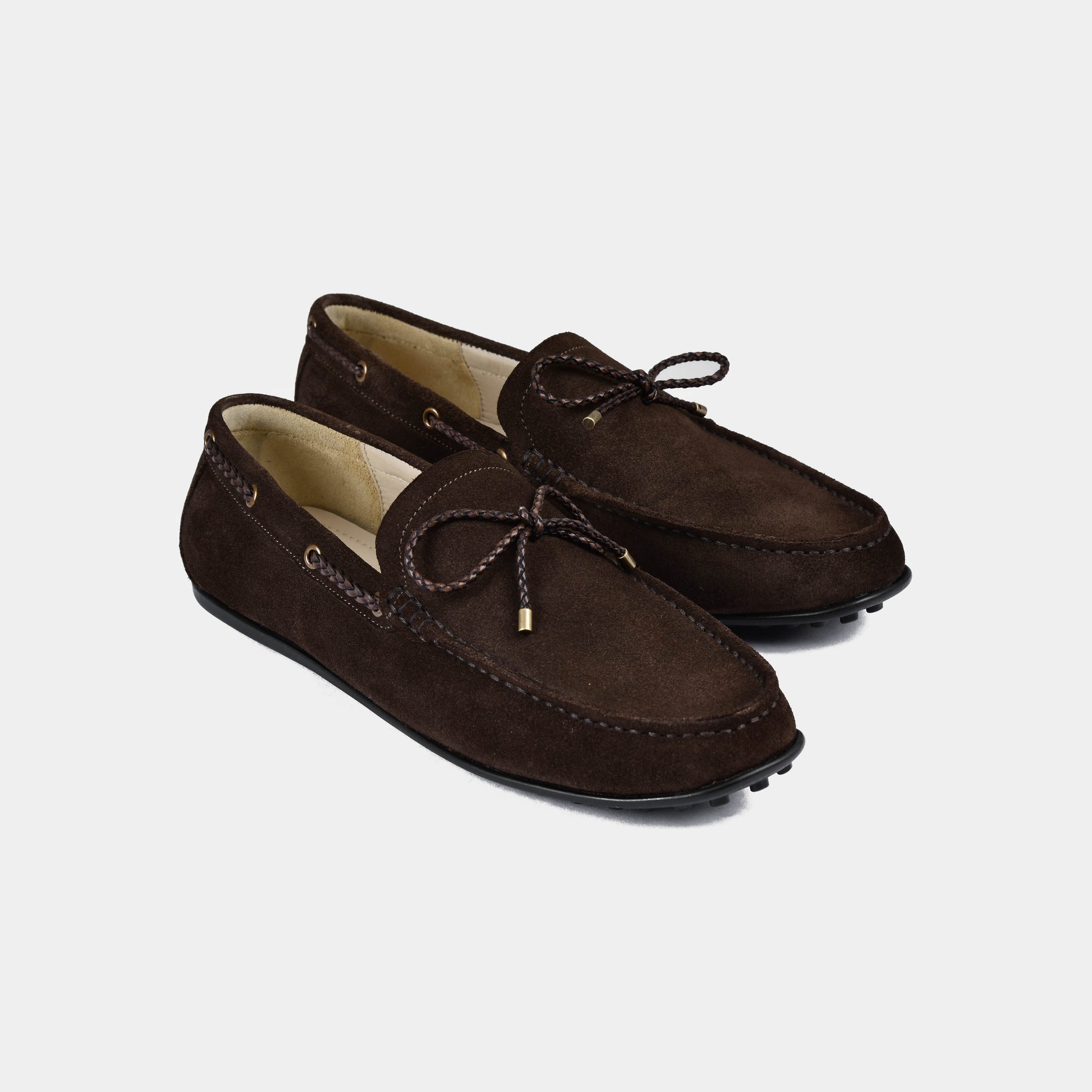 Pair of Julian Brown Suede Leather Driving Loafers with braided laces.