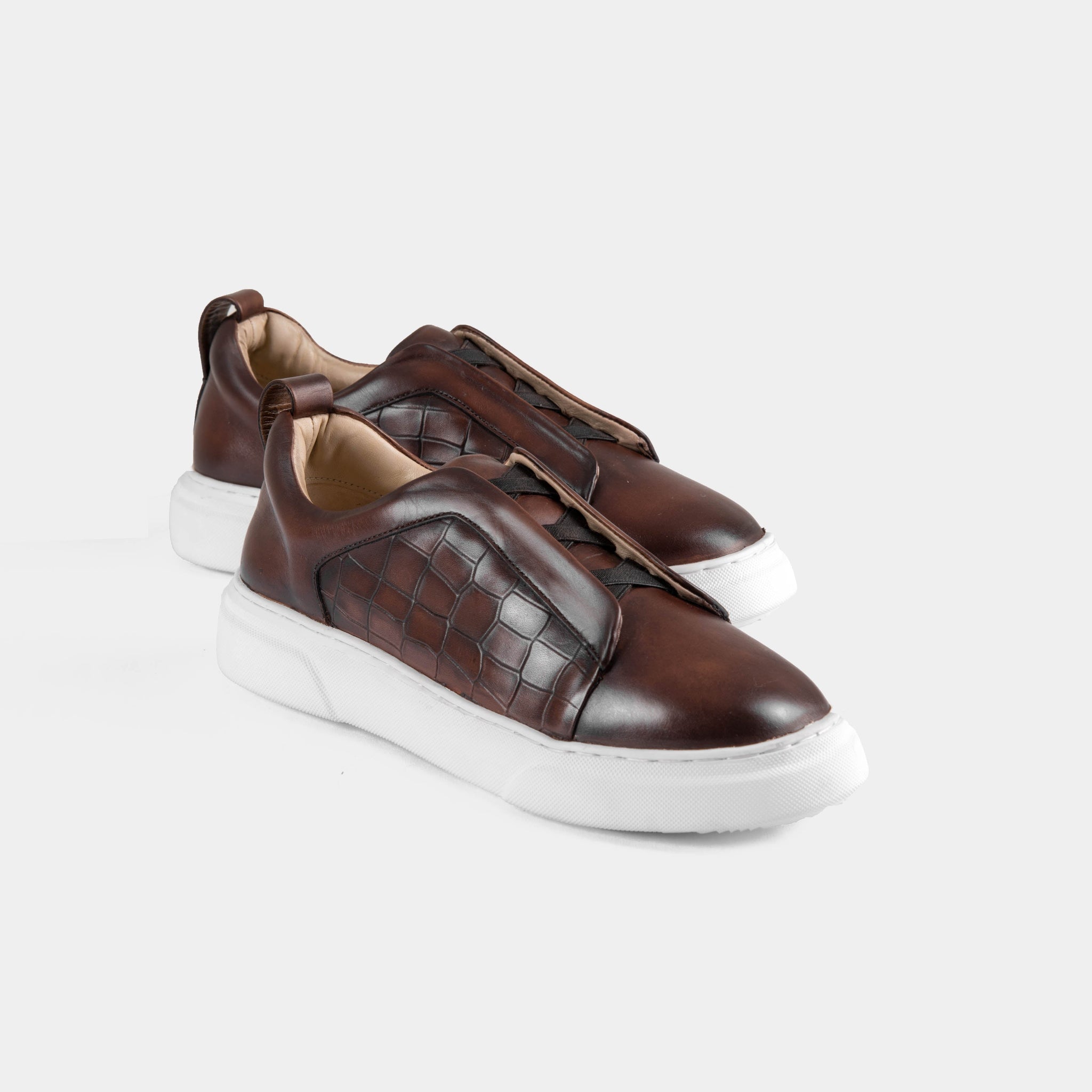 Pair of Eduard Croc Brown Leather Sneakers with white soles.