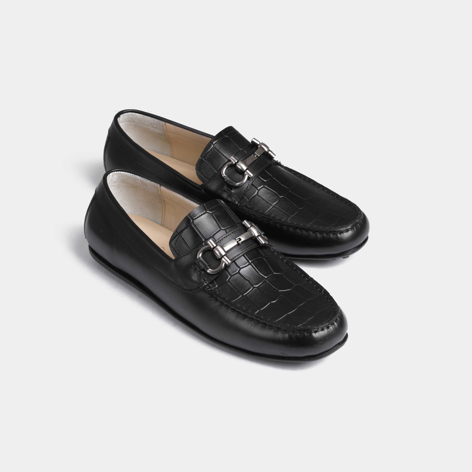 Pair of Alonzo Black Leather Driving Loafers with a crocodile-embossed vamp and silver-tone metal buckle detail.