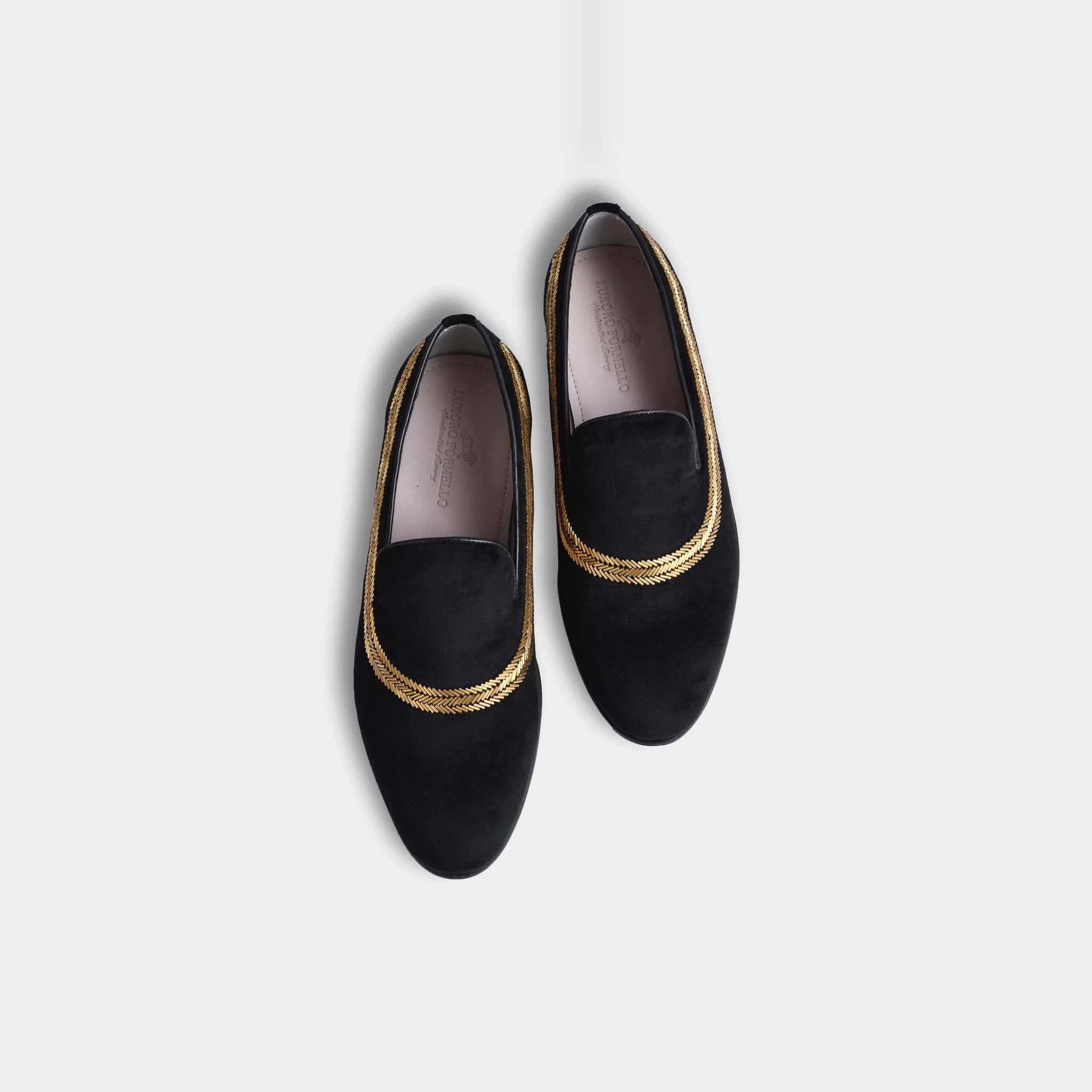 Pair of Alvaro Black Embroidered Leather Slip-Ons with gold embroidered trim, top view.