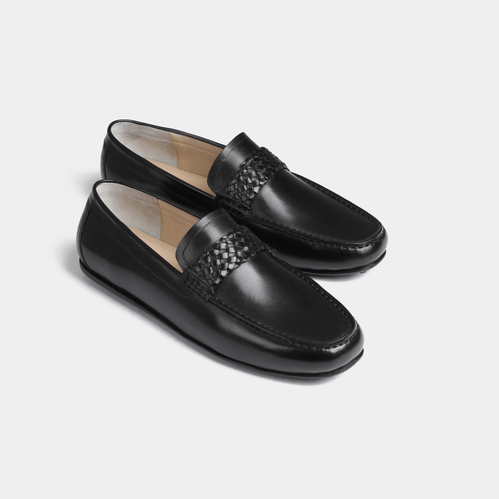 Pair of Denver Black Leather Driving Loafers with woven strap detail.