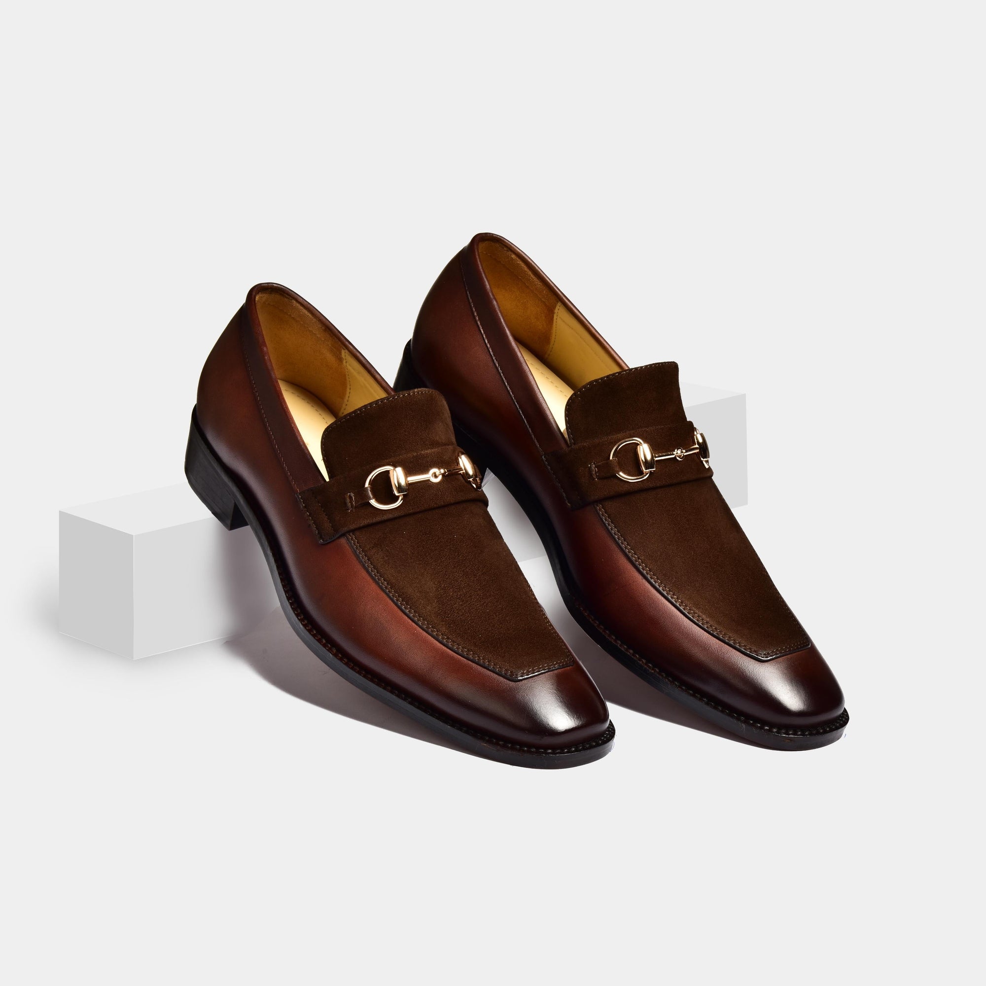 Pair of Mark Broewn Leather Loafers in brown leather and suede, featuring a gold-tone buckle detail.