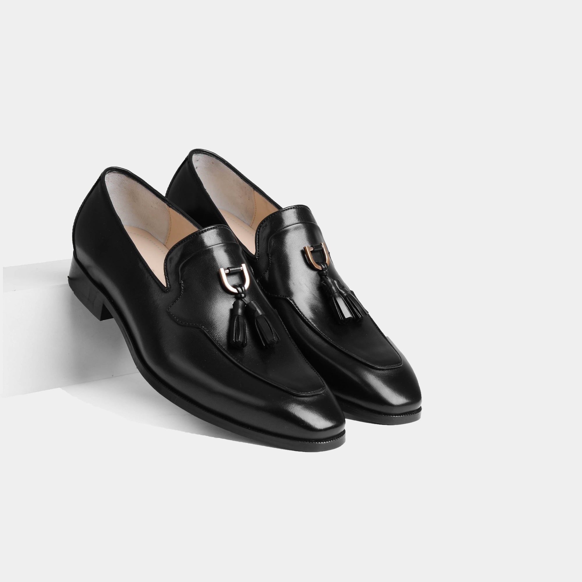 Pair of Atilio Black Leather Loafers with tassel detail.