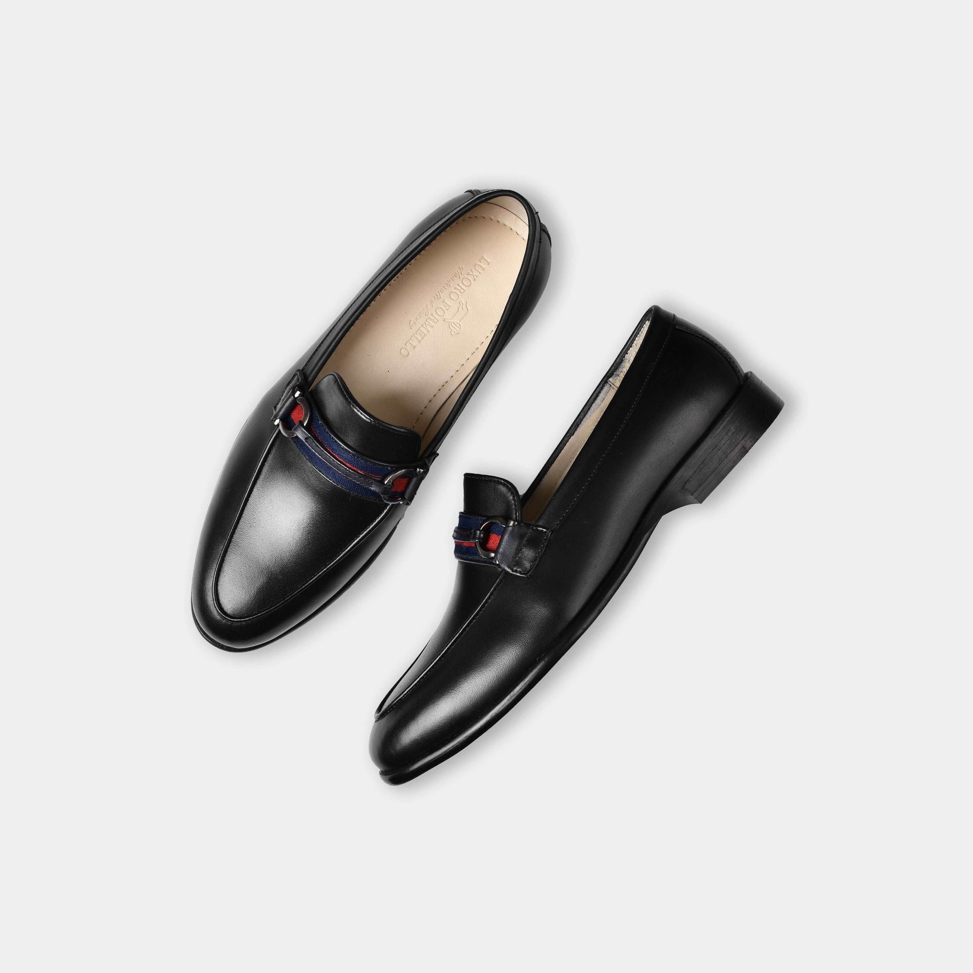 Pair of Armante Black Leather Loafers, featuring a sleek design and a stylish red, white, and blue strap detail.