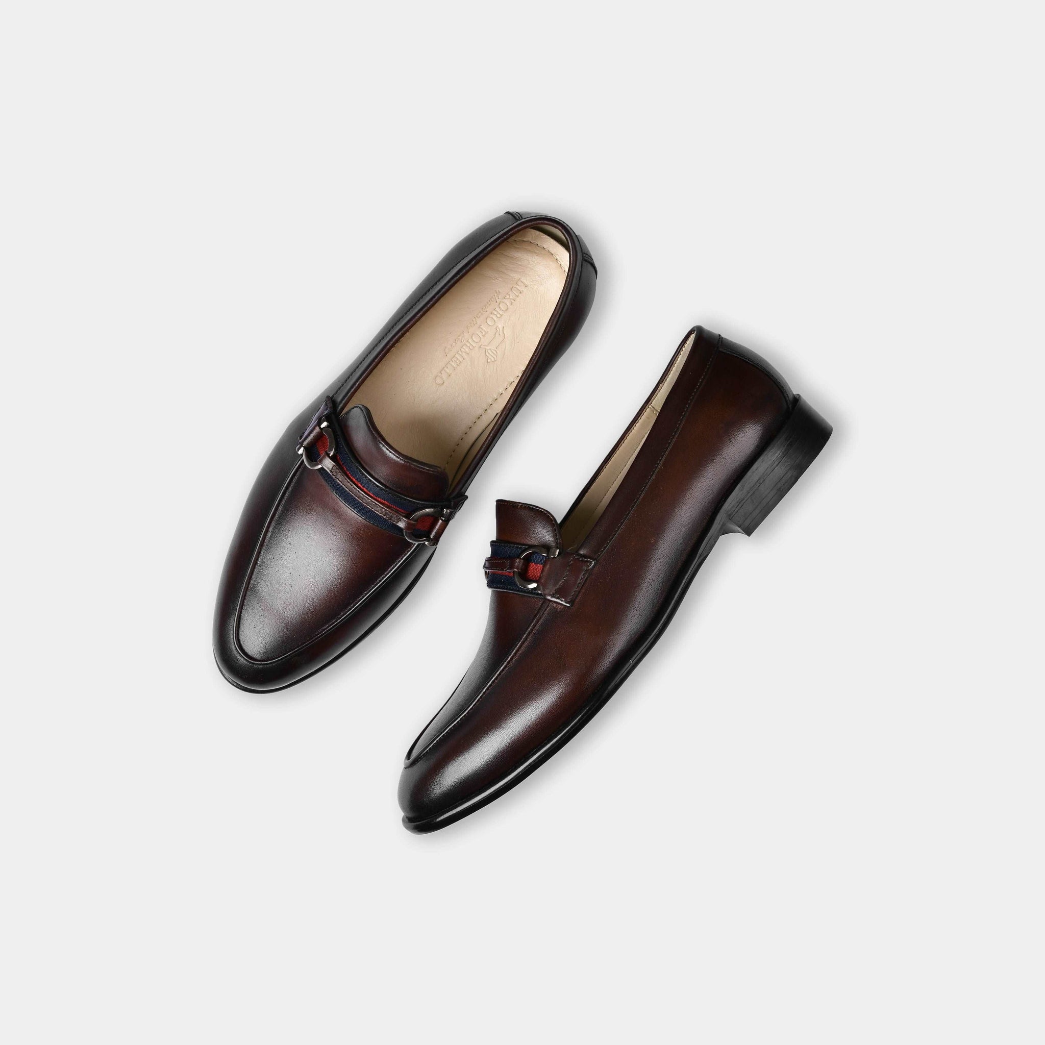 Pair of Armante Brown Leather Loafers with a striped strap detail.