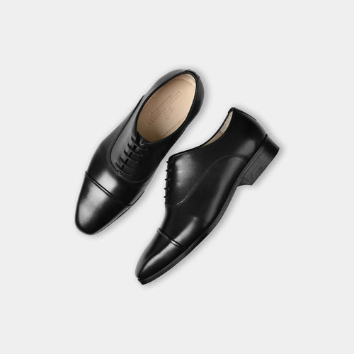 Arcen Black Leather Formal Shoes with Blind-Folded Cap-Toe | Black Oxford Shoes with Hand-Painted Patina