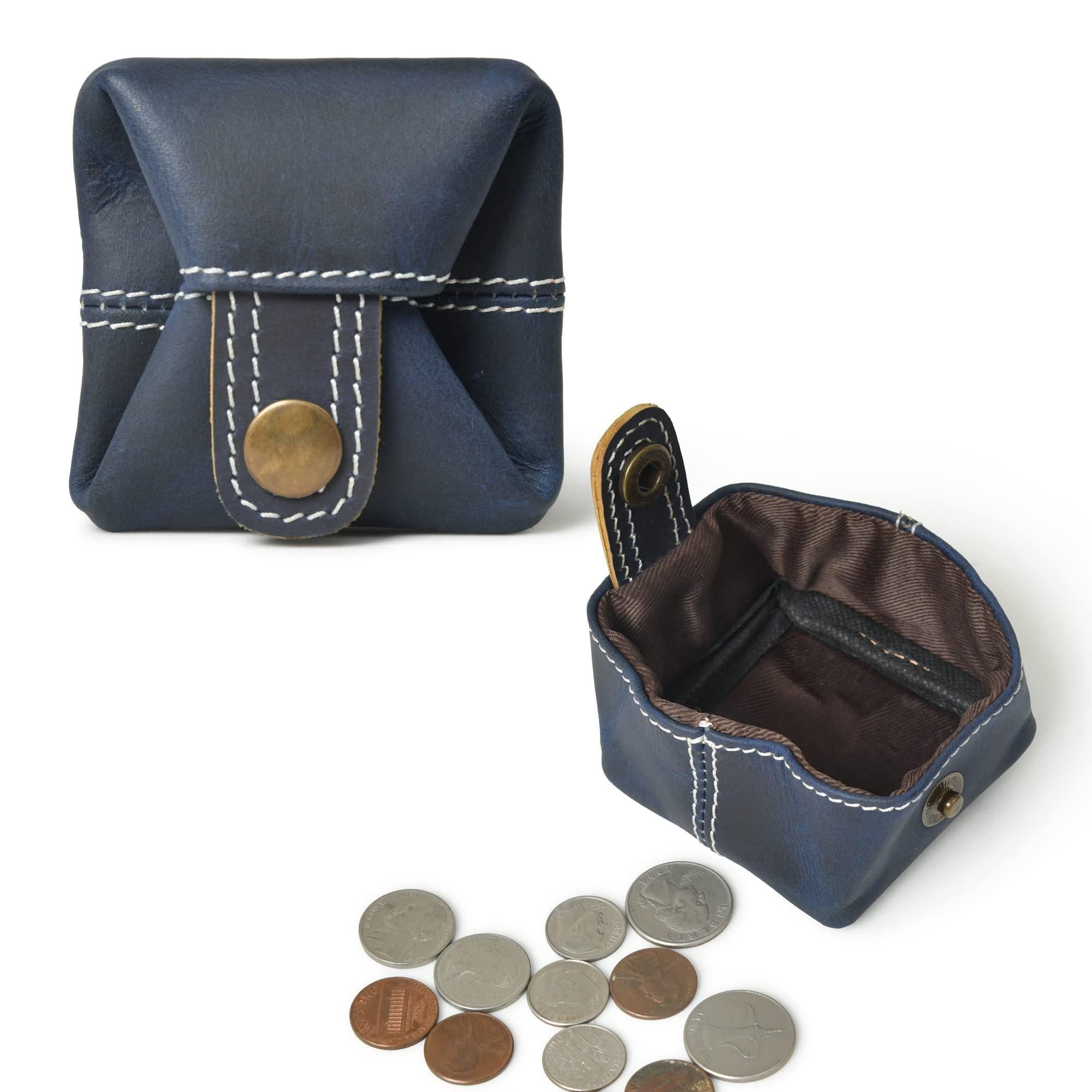 Handcrafted blue leather mini pocket wallet, shown open with coins, showcasing its compact size and durable construction.