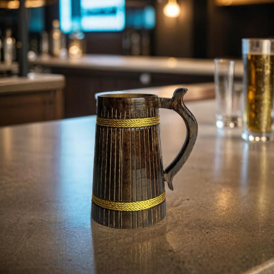 Rustic barrel-shaped wooden beer mug with gold detailing, 500ml capacity.