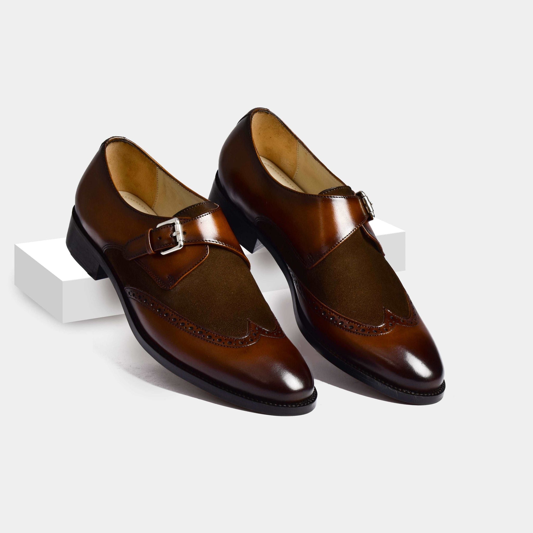 Pair of Chris Miller Leather Monk Straps in brown leather with suede accent and silver buckle.