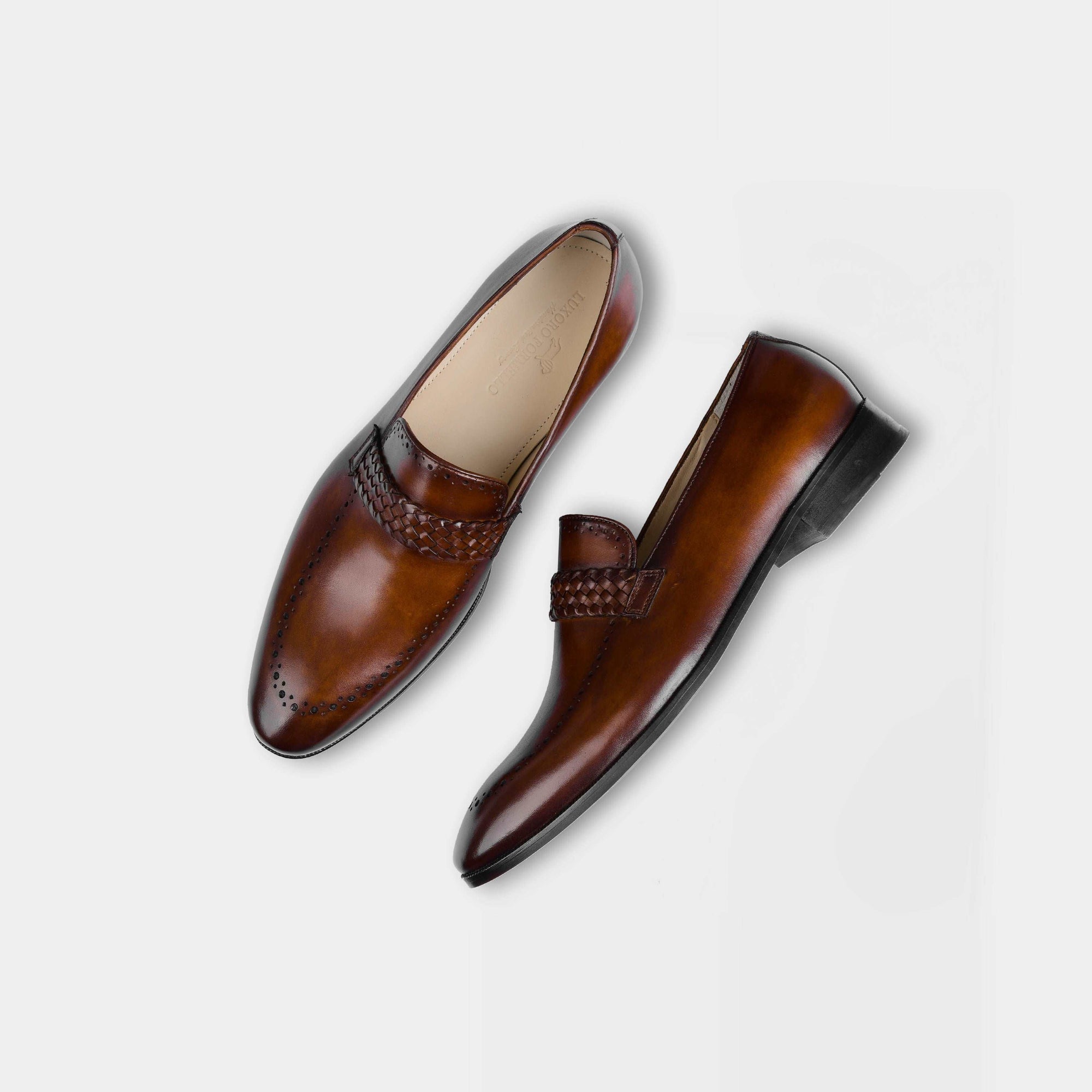 Pair of Alex Brown Leather Loafers with woven strap detail, shown from above.