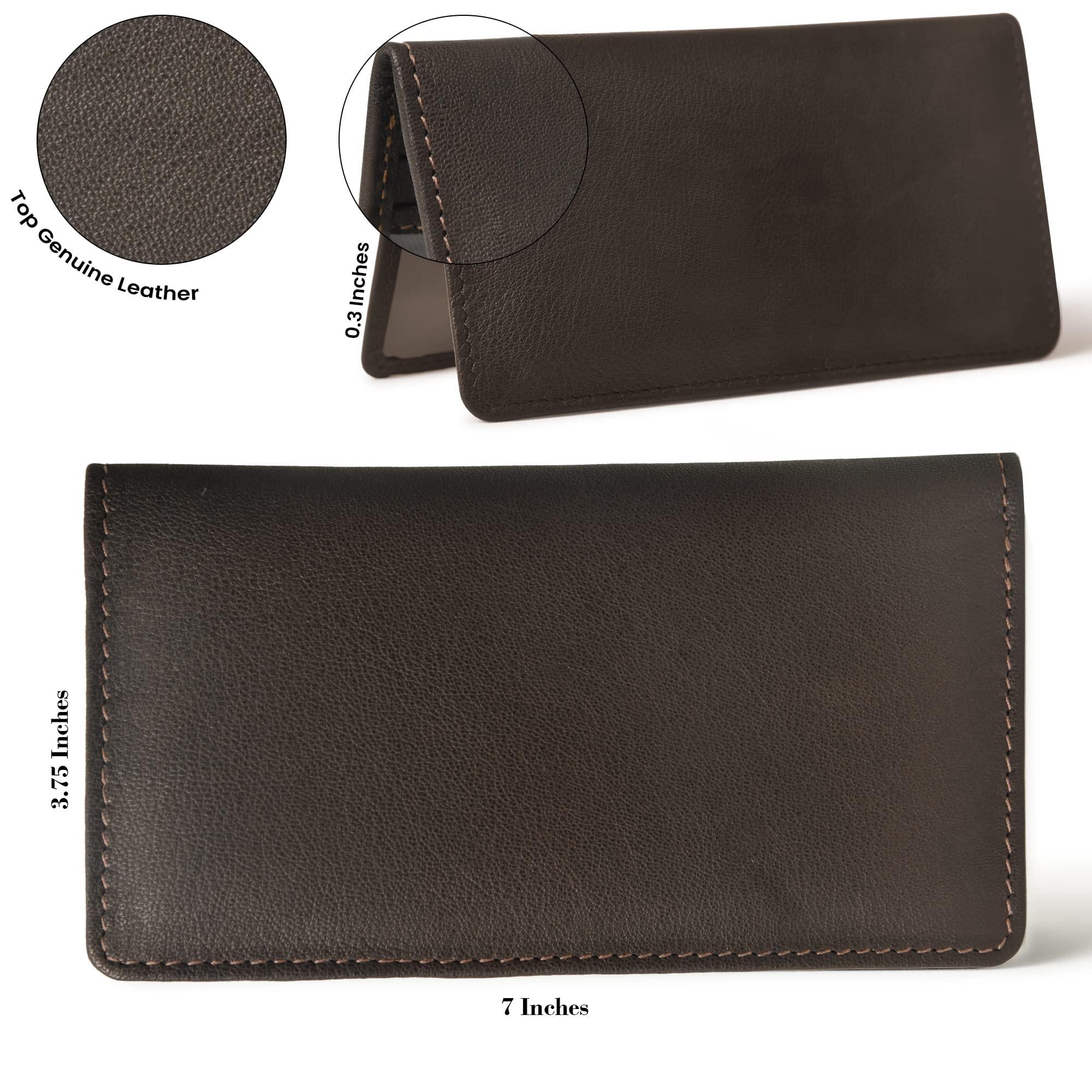 Sleek brown genuine leather men's bifold wallet, shown open and closed to display its slim profile and ample storage.