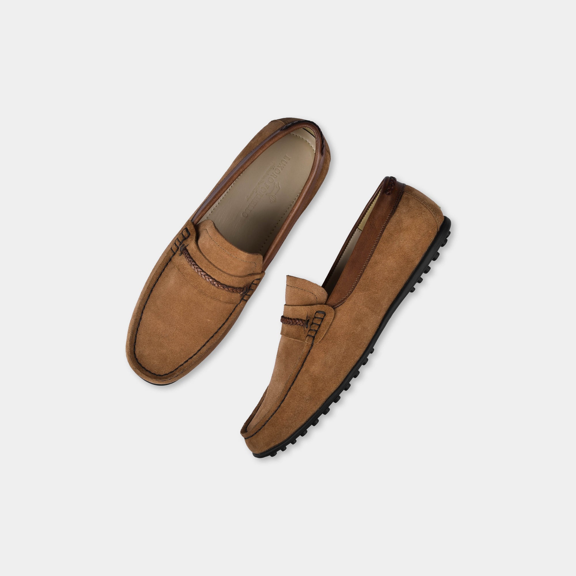 A pair of Nazario Tan Suede Leather Driving Loafers in brown, showcasing their stylish design and comfortable fit.