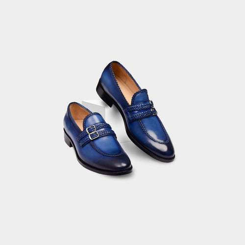 Jade Blue Double Monks Leather Loafers