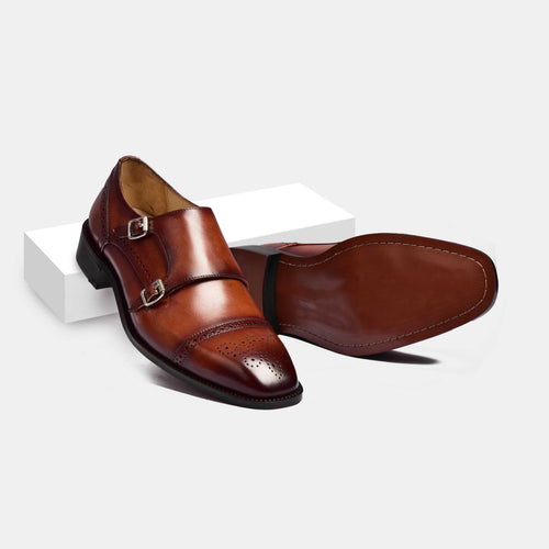 Henry Smith Leather Shoes with Alivio-Construction | Double Monk Strap Leather Shoes with Hand-Painted Patina & Hand-Stitched Sole