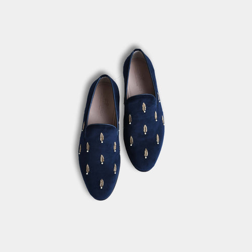 Carlos Blue Embroidered Leather Slip-Ons