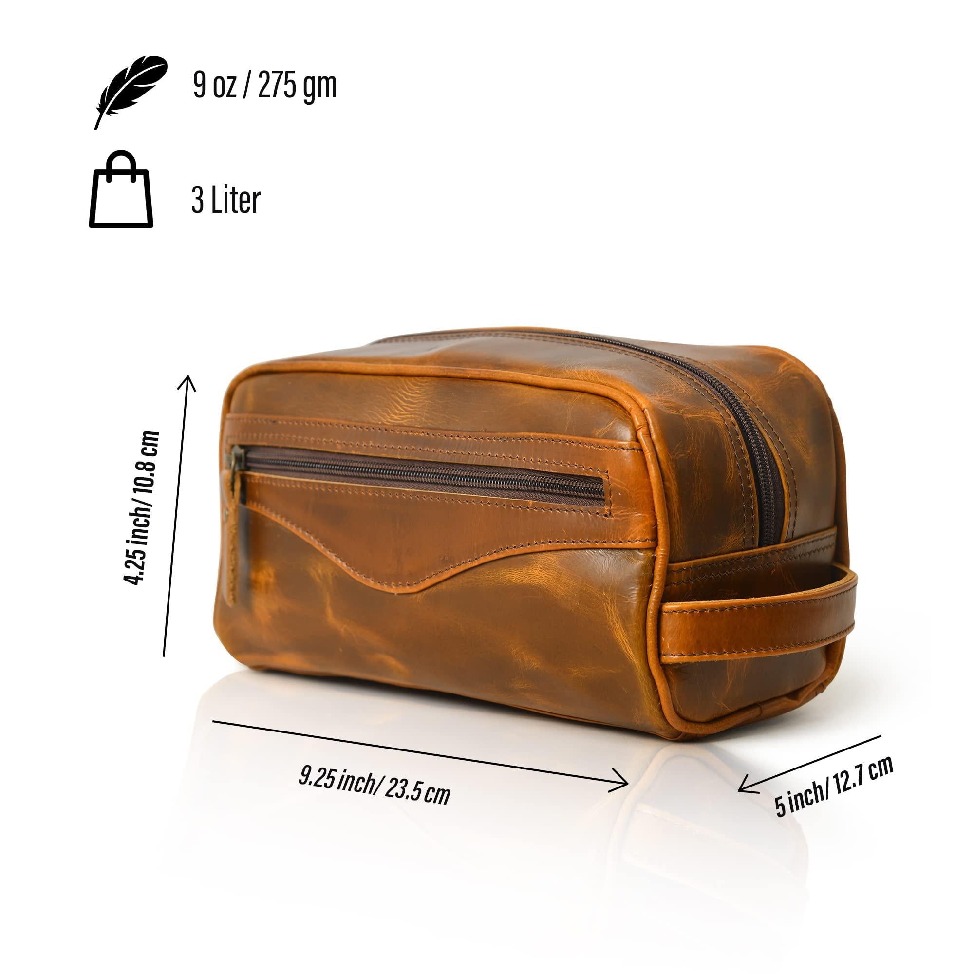 Stylish, water-resistant, top-grain leather toiletry bag in brown with a double zipper closure and a sturdy handle.