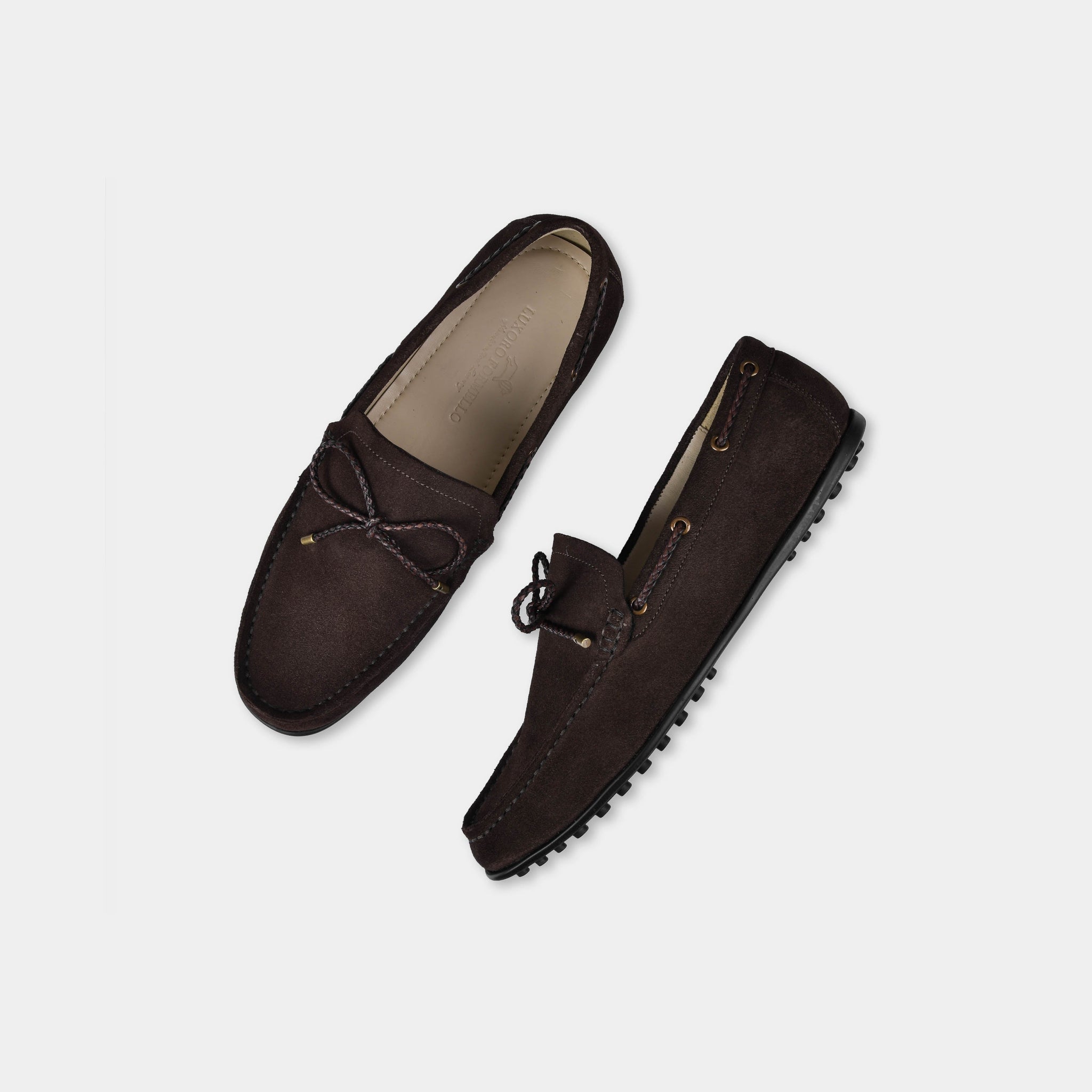 Pair of Julian Brown Suede Leather Driving Loafers with braided laces, shown from above.