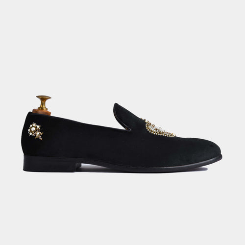 Elizar Black Embroidered Leather Slip-Ons