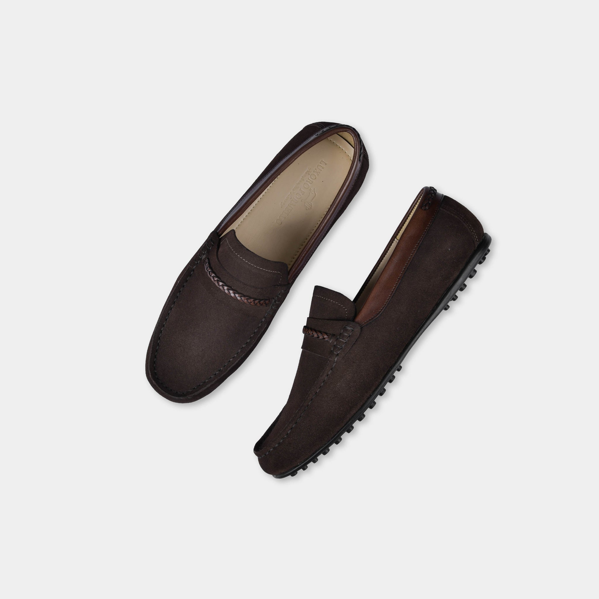 Pair of Nazario brown suede leather driving loafers with woven strap detail, shown from above on a white background.