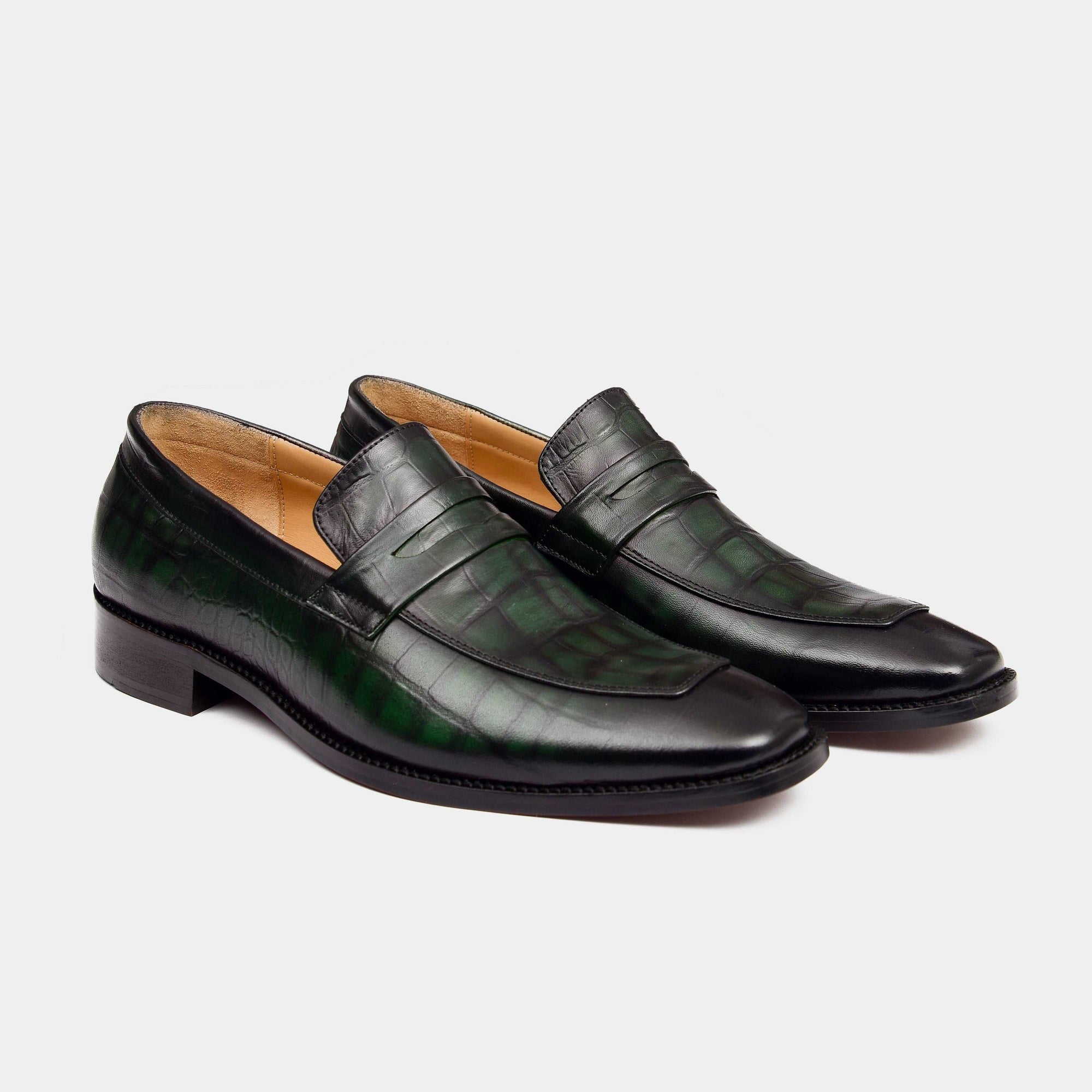 Pair of Arthur Hertz Leather Loafers in green crocodile-embossed leather.