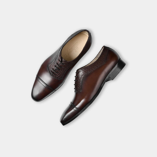 Elvio Leather Slip-On Shoes with Hand-Painted Patina | Croc-Embossed Leather Loafers in Brown