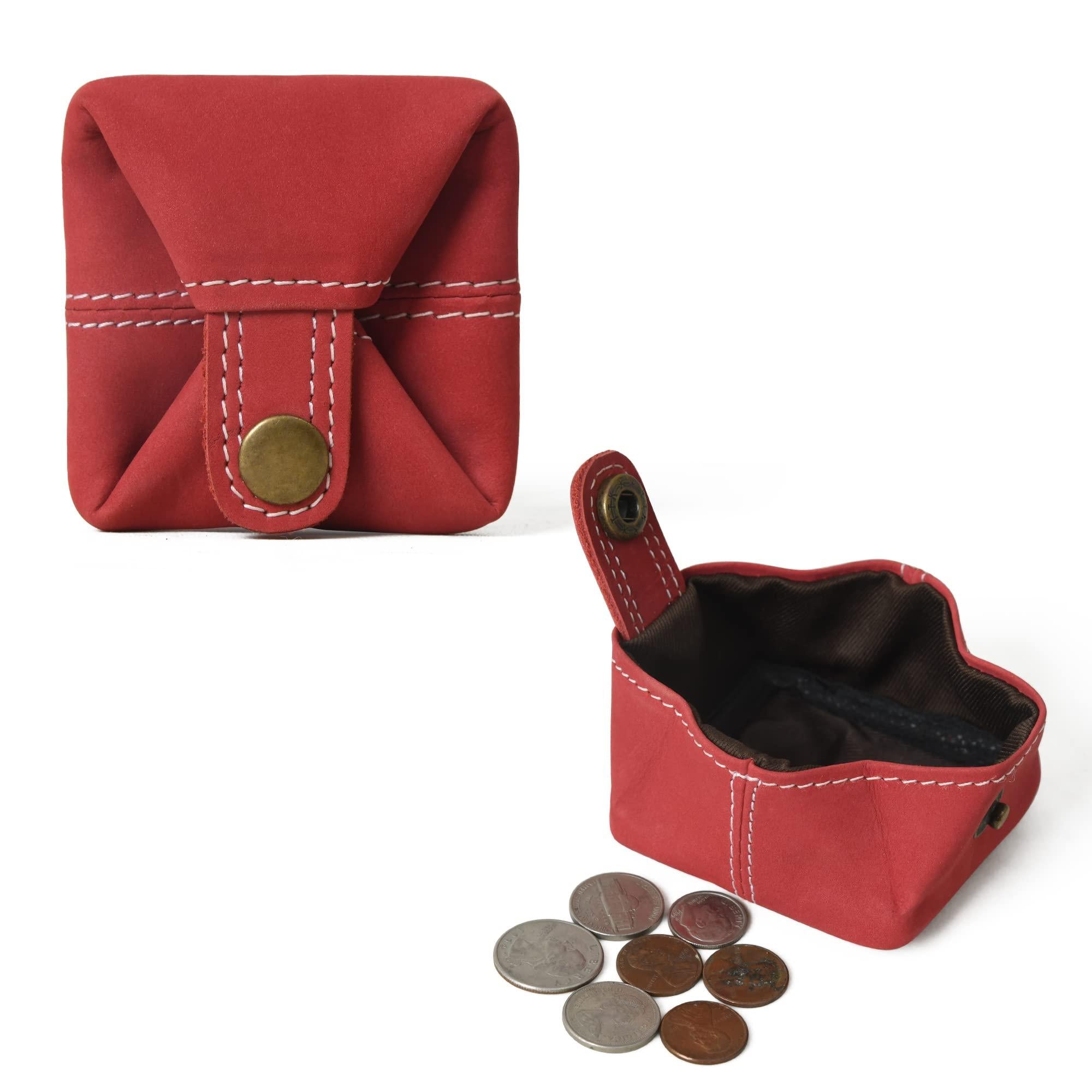 Red leather mini coin purse with white stitching, shown both closed and open with coins displayed.