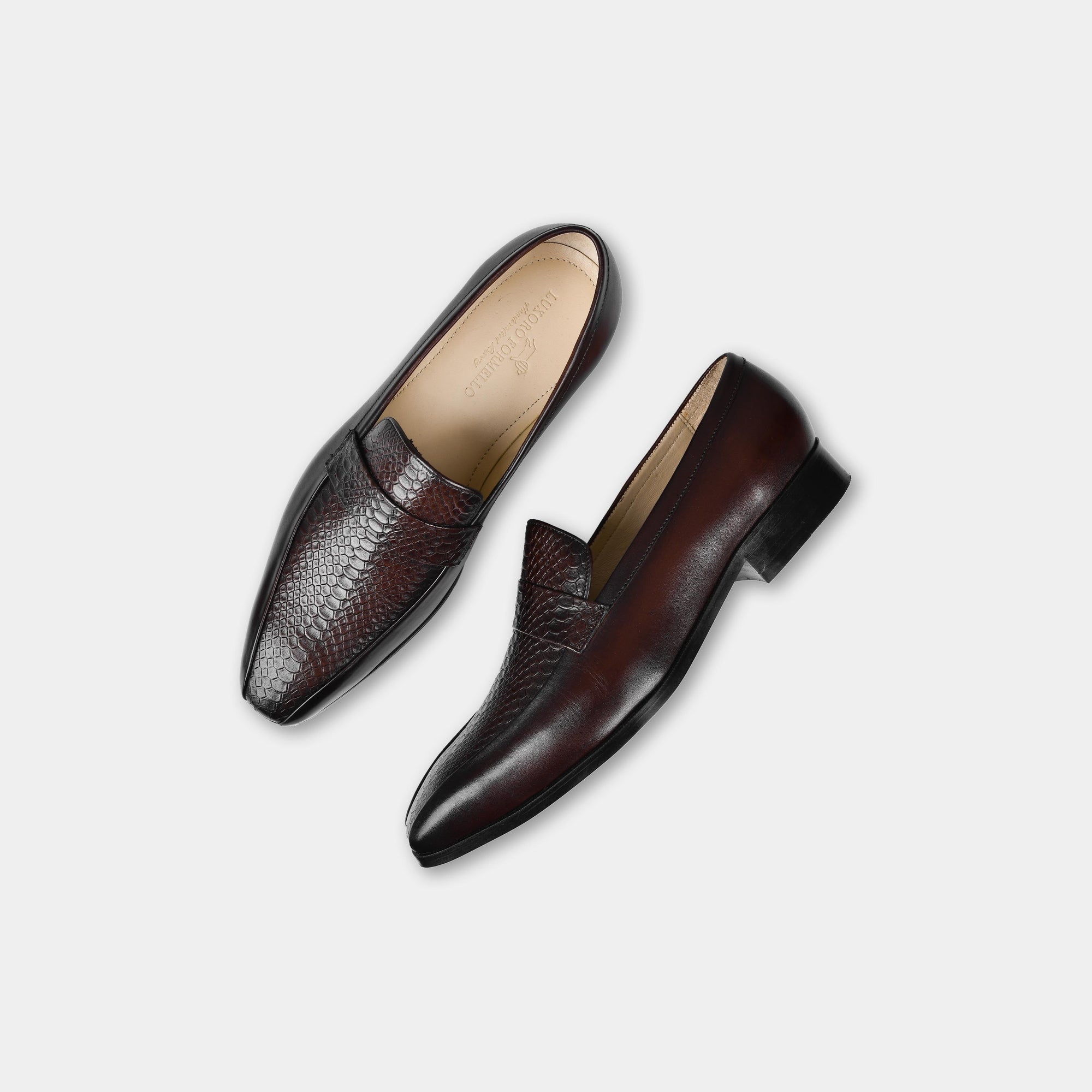 Pair of Jorge Brown Leather Loafers, one showcasing the full shoe and the other displaying the insole.