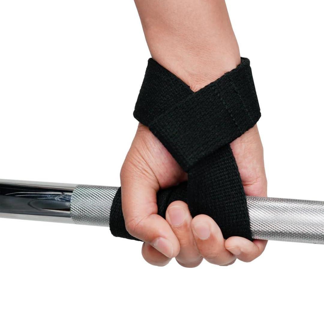 Pair of black weight lifting straps gripping a barbell, providing enhanced grip and wrist support for improved lifting.