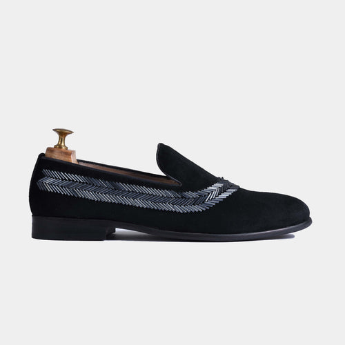 Alvaro Black Embroidered Slip-Ons for Men | Hand-stitched Loafer with Velvet Upper and Leather Footbed