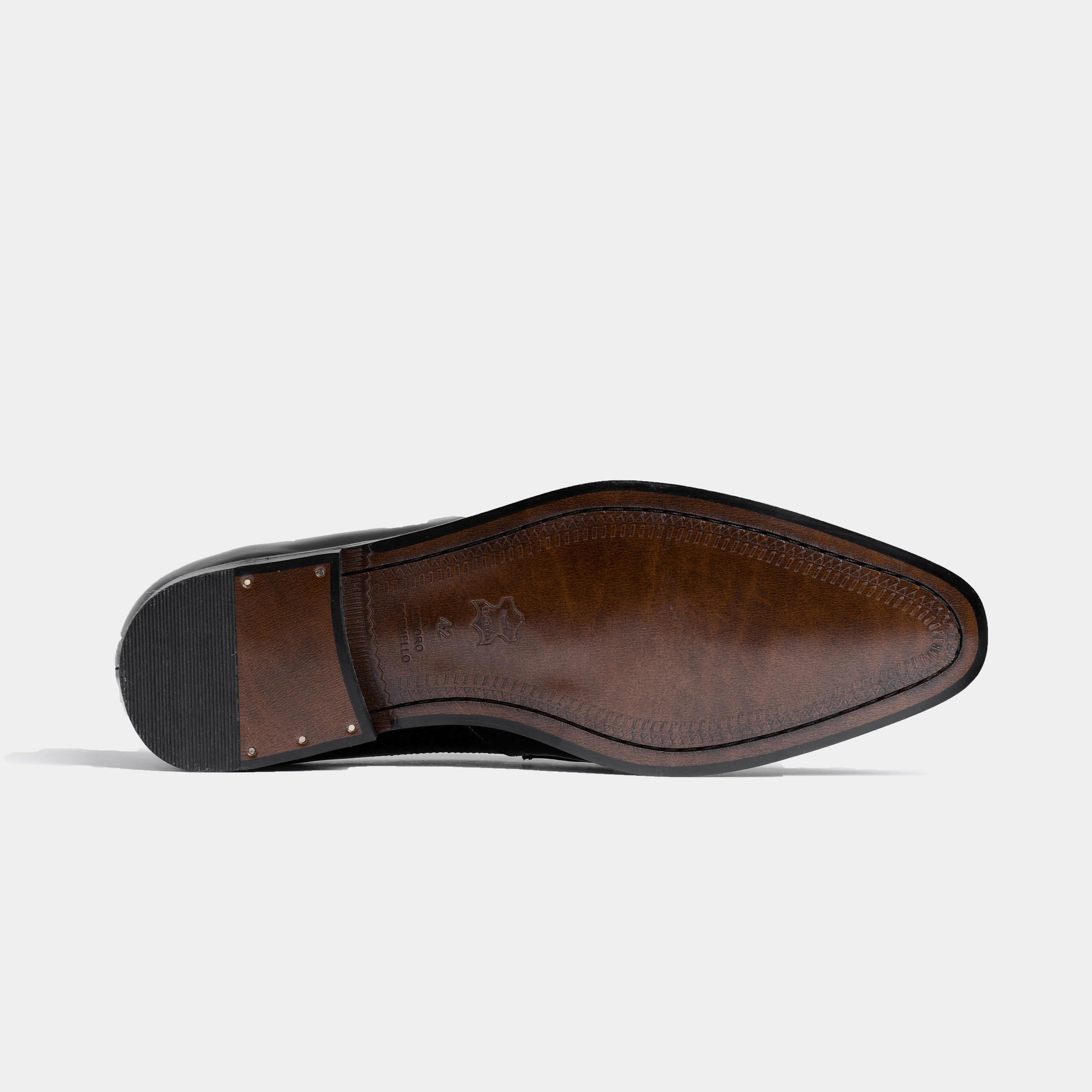 Bottom view of the Armeo Black Leather Monk Straps, showcasing the durable leather sole and craftsmanship.