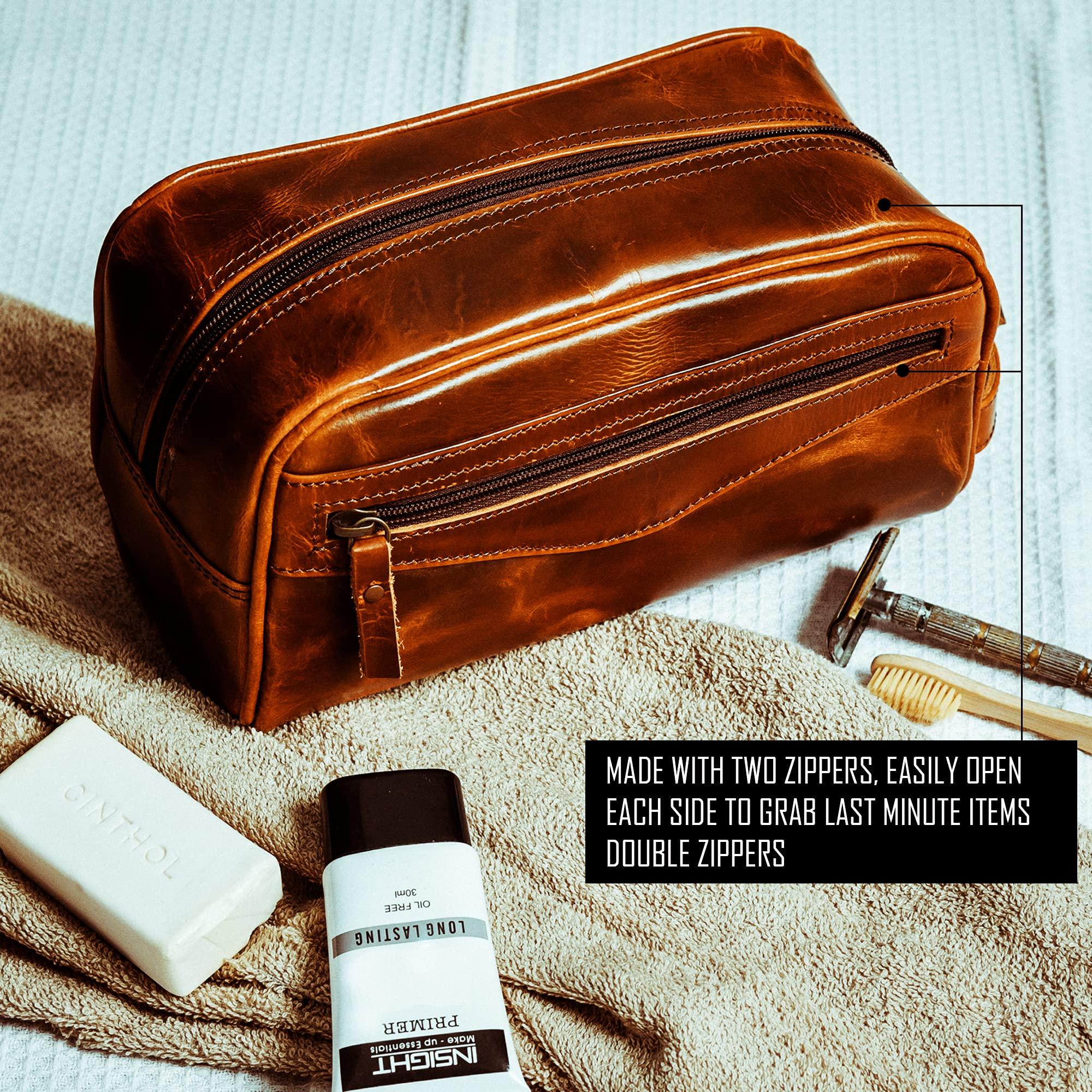 Stylish brown leather toiletry bag with double zipper closure, showcasing its durable and water-resistant qualities.