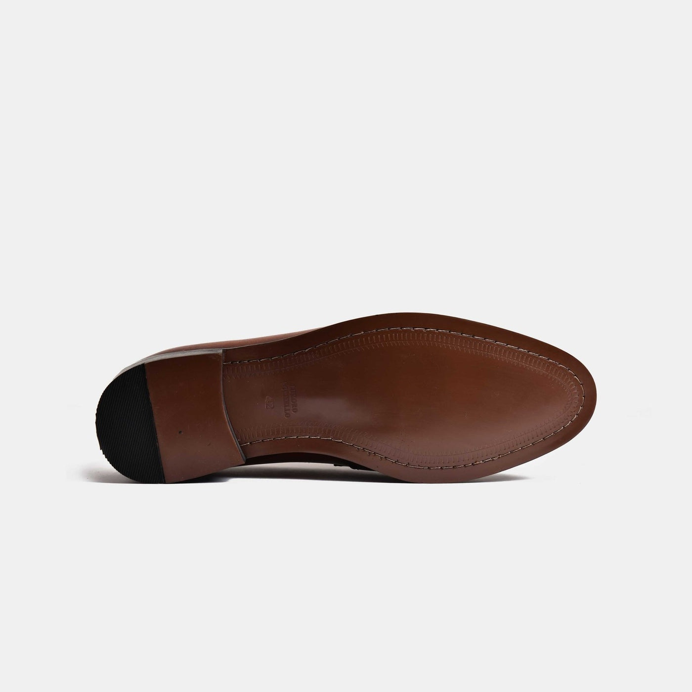 Bottom view of Alvaro Black Embroidered Leather Slip-Ons showcasing the durable brown leather sole and black heel.