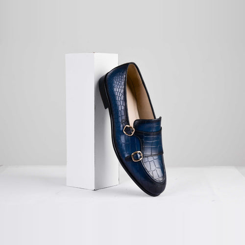 Valeria Croc Blue Leather Monk Straps