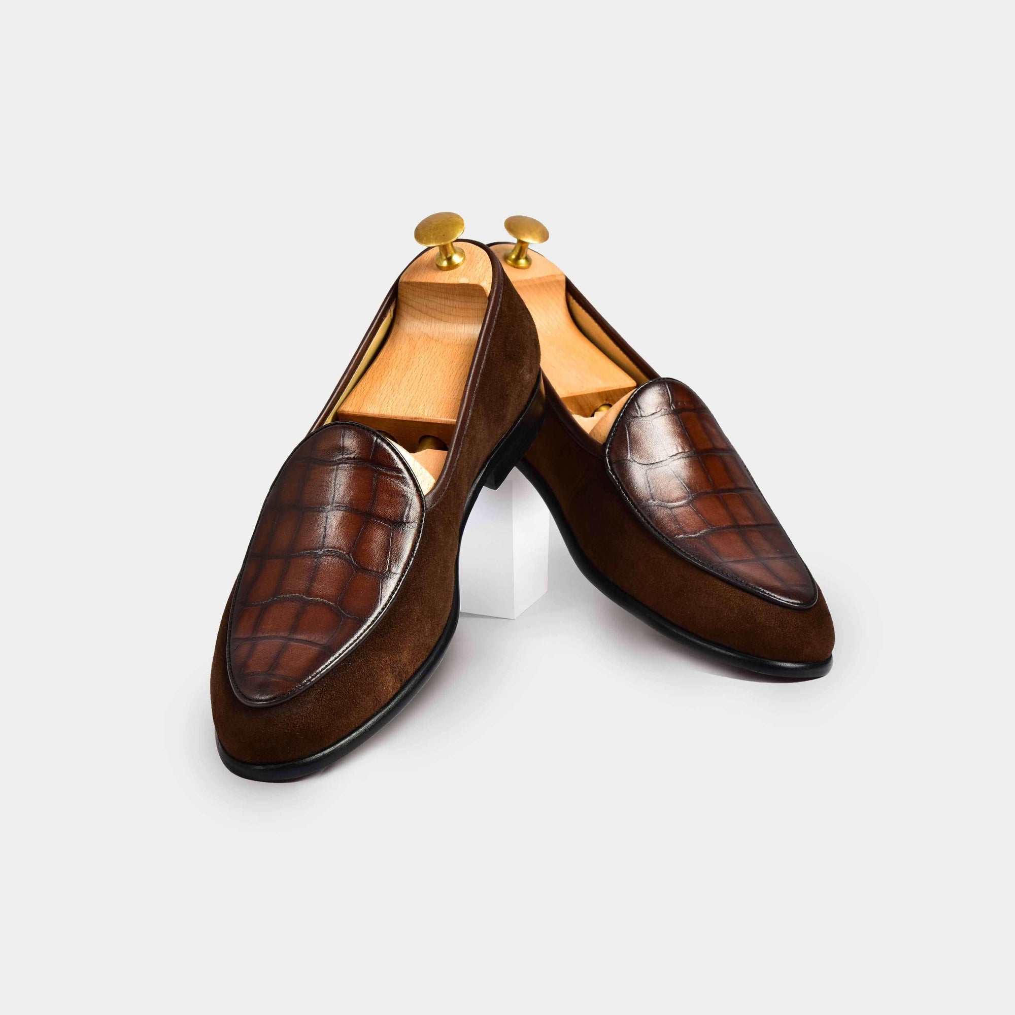 Pair of brown suede Arno Loafers with crocodile-embossed leather accents.