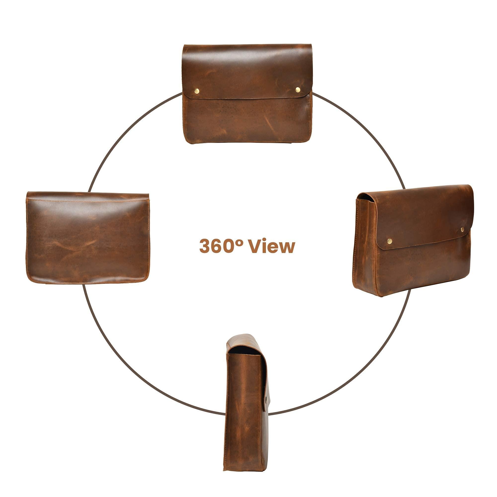 Four views of a top grain leather portfolio envelope, showcasing its rich brown color and sleek design.