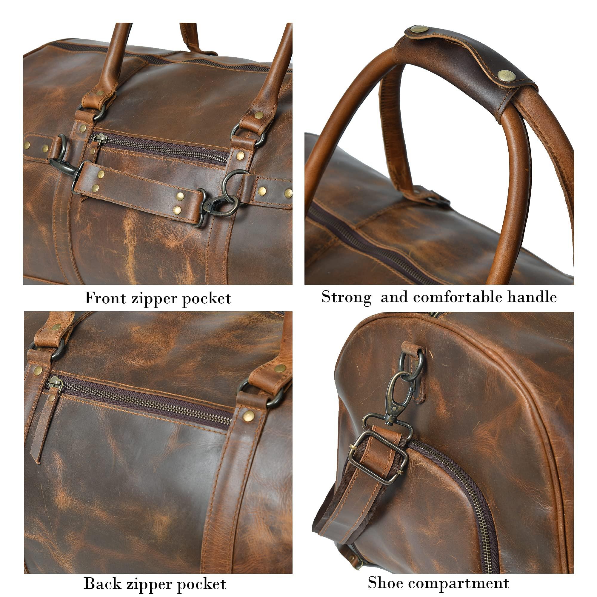 Stylish brown leather duffle bag with multiple zipper pockets, a shoe compartment, and a detachable shoulder strap.