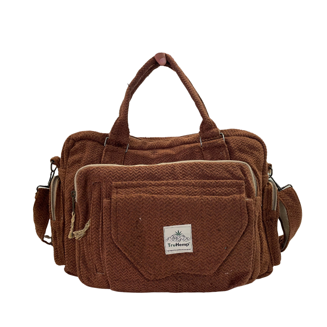 Brown Himalayan hemp laptop side bag with multiple pockets, adjustable strap, and top handles.