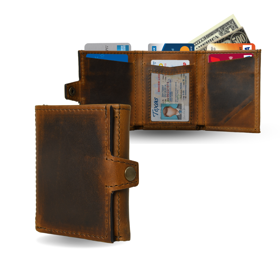 Rustic brown leather trifold wallet open and displaying card slots, ID window, and cash compartment.